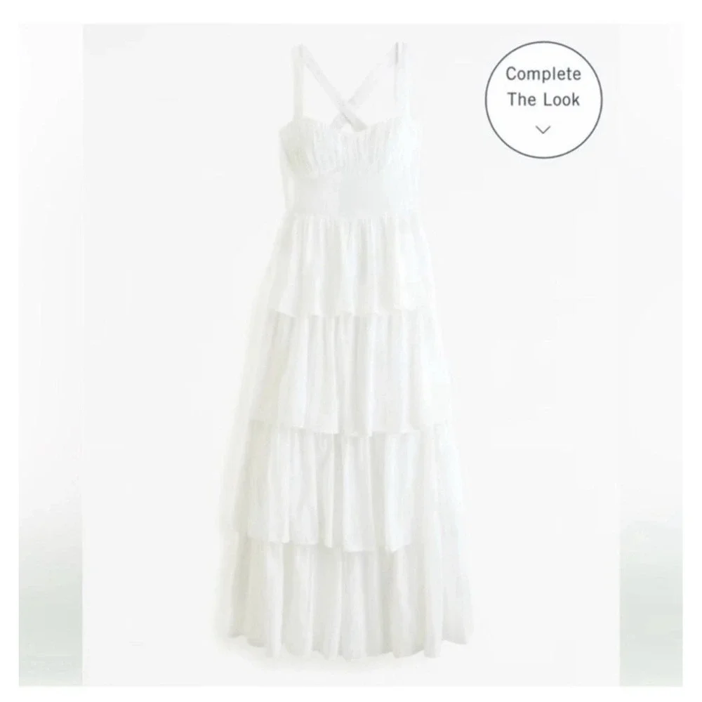 Abercrombie & Fitch COTTON Tiered White Maxi Dress Sz M Smocked Bodice Wedding